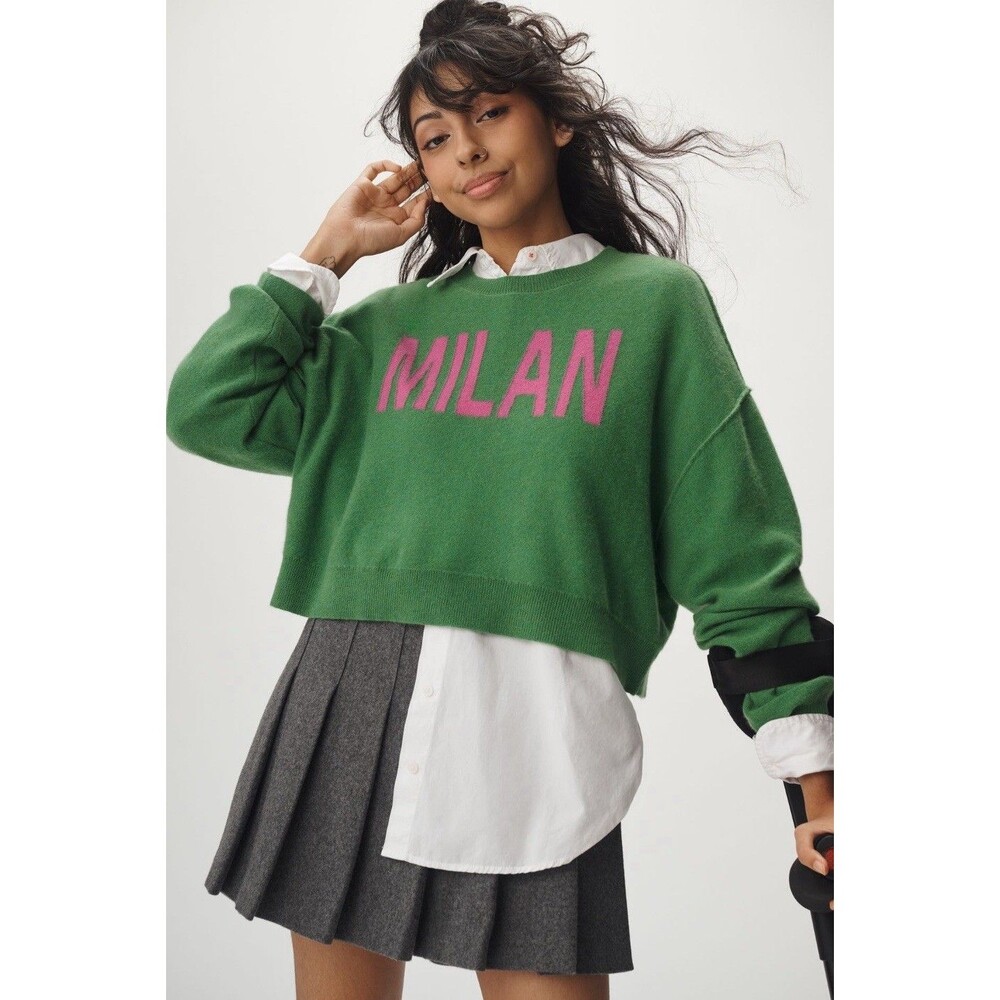 Anthropologie Pilcro 100% Cashmere Sweater Green Alani Crop Crew Neck Sz XS NWT